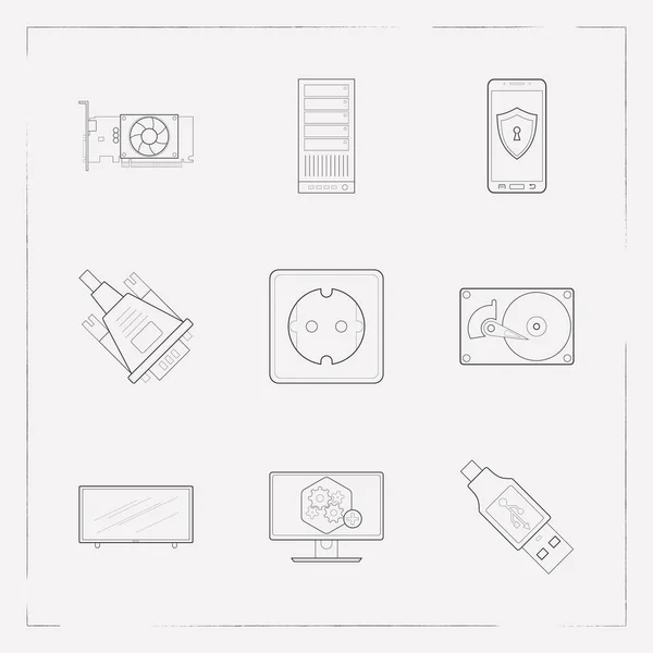 Set ikon teknologi gaya simbol baris dengan soket daya, kartu video, keamanan mobile dan ikon lain untuk desain logo web mobile app Anda . - Stok Vektor