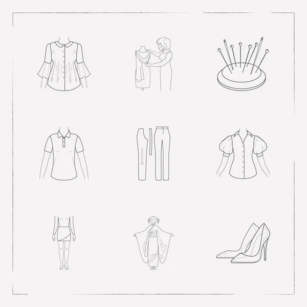 Conjunto de iconos de ropa símbolos de estilo de línea con falda corta, kimano, ropa y otros iconos para el diseño del logotipo de su aplicación móvil web . — Vector de stock