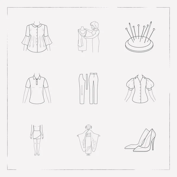Uppsättning av plagget ikoner stil linjesymboler med kort kjol, kimano, kläder och andra ikoner för din mobilapp logotyp webbdesign. — Stockfoto