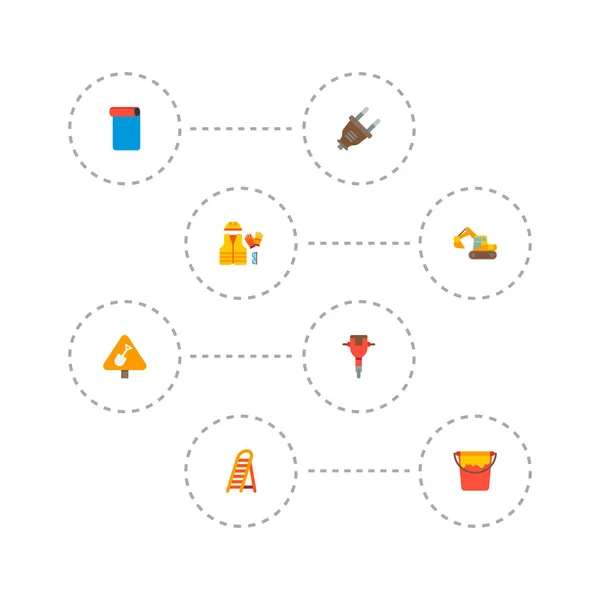 Conjunto de iconos de construcción símbolos de estilo plano con papel pintado, traje de protección, martillo neumático y otros iconos para el diseño del logotipo de su aplicación móvil web . — Foto de Stock