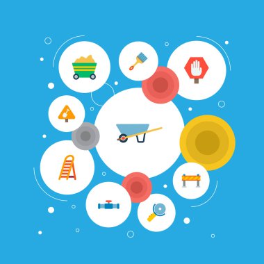 Endüstriyel simgeler düz stil sembollerle merdiven, uyarı bariyer, arabası ve diğer simgeler web mobil app logo tasarımı için kümesi.