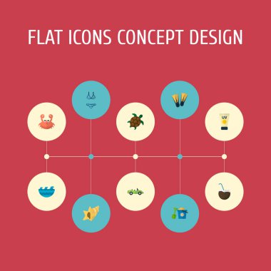 Palet, lavabo, Güneş kremi ve diğer simgeler web mobil app logo tasarımı için plaj simgeler düz stil sembollerle kümesi.