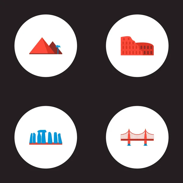 Reihe von Wahrzeichen Symbole flache Stil-Symbole mit goldenem Tor, giza, stonehenge und andere Symbole für Ihre Web-Handy-App Logo-Design. — Stockvektor