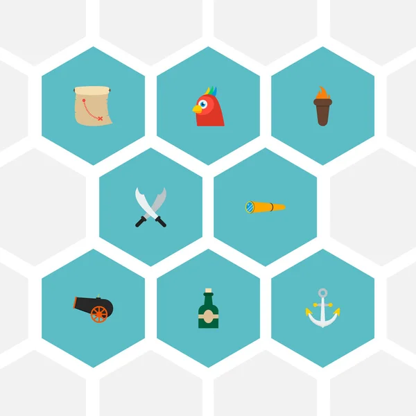 Készlet-ból kalózkodás ikonok lapos stílusú szimbólumok horgony, rum, ágyú, más ikonok a webes mozgatható app logo tervezés. — Stock Fotó