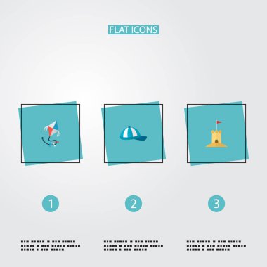 Ayarla yaz simgeler düz stil sembollerin kum ile uçurtma, Kaptan, web mobil app logo tasarımı için simgeler.