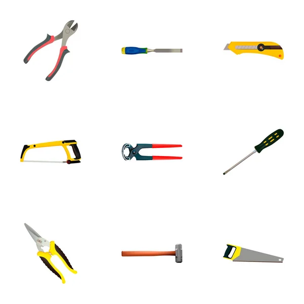 Set di strumenti simboli realistici con taglio, falegname, pinze e altre icone per il design del logo dell'app mobile web . — Foto Stock