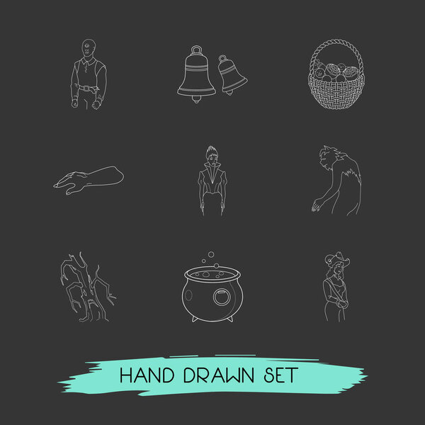 Набор иконок в стиле линии символов праздника с корзиной конфет, злым деревом, значки руки мертвеца для дизайна логотипа вашего веб-мобильного приложения
.