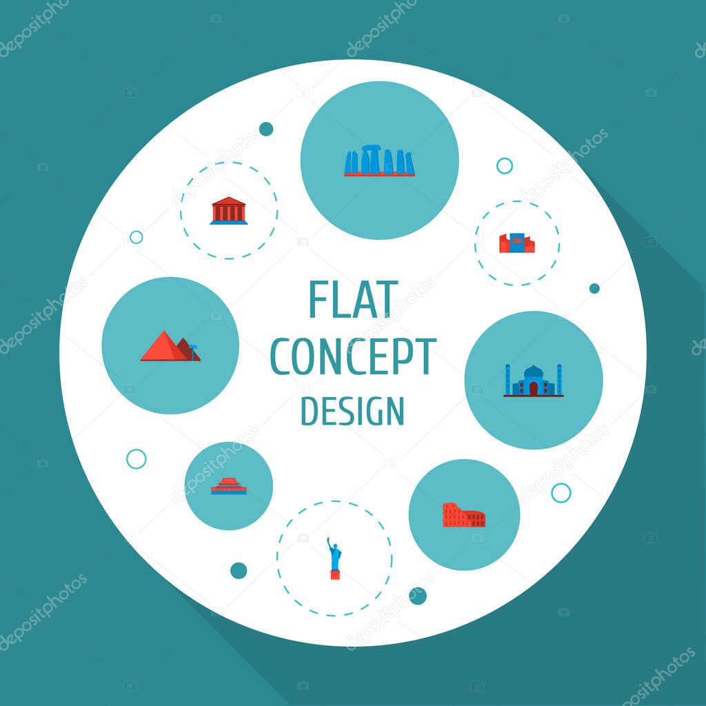 Set of landmarks icons flat style symbols with tienanmen square, giza, shibuya and other icons for your web mobile app logo design.