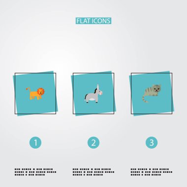 Canlı Simgeler düz stil sembollerle eşek, kedi, aslan ve web mobil app logo tasarımı için diğer simgeler kümesi.