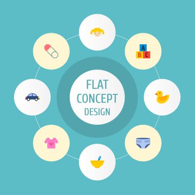 Bebek bezi, Bebek yemek, ördek oyuncak ve diğer simgeler web mobil app logo tasarımı için bebek simgeler düz stil sembollerle kümesi.