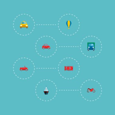 Hava balonu, gemi, kamyon ve diğer simgeler web mobil app logo tasarımı için araç simgeleri düz stil sembollerle kümesi.