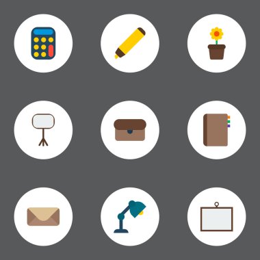 Masa lambası, saksı, adres defteri ve diğer simgeler web mobil app logo tasarımı için çalışma alanı simgeleri düz stil sembollerle kümesi.