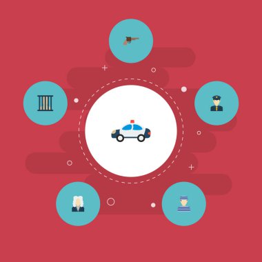 Suç simgeler düz stil sembollerle memur, polis arabası, hapis ve web mobil app logo tasarımı için diğer simgeler kümesi.