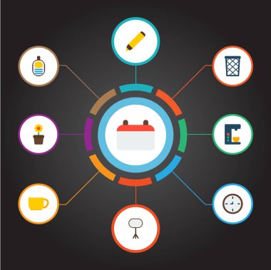 Takvim, yaka kartı, beyaz tahta ve diğer simgeler web mobil app logo tasarımı için office simgeleri düz stil sembollerle kümesi.