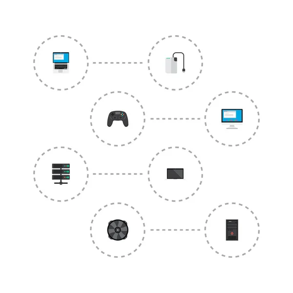Zestaw symboli płaski ikony komputer z serwera, wentylator, laptop i inne ikony dla projektu logo mobilnych aplikacji sieci web. — Wektor stockowy