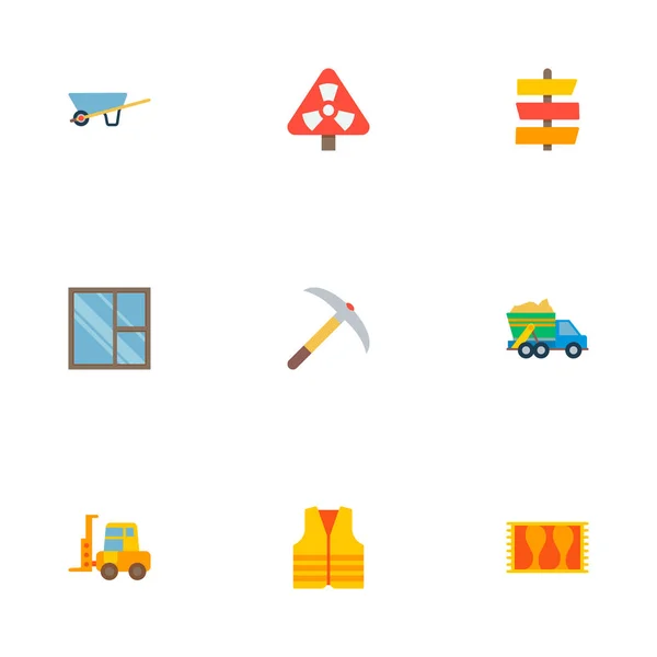 Conjunto de iconos de construcción símbolos de estilo plano con marco, camión de basura, advertencia de radiación y otros iconos para el diseño del logotipo de su aplicación móvil web . — Foto de Stock