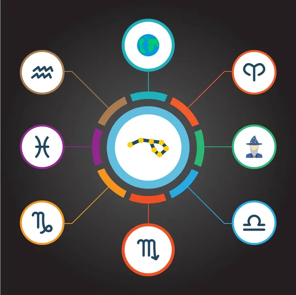 牡羊座、aqurius、スコーピオン web モバイル アプリのロゴ デザインのため他のアイコンと占星術アイコン フラット スタイルのシンボルのセット. — ストック写真