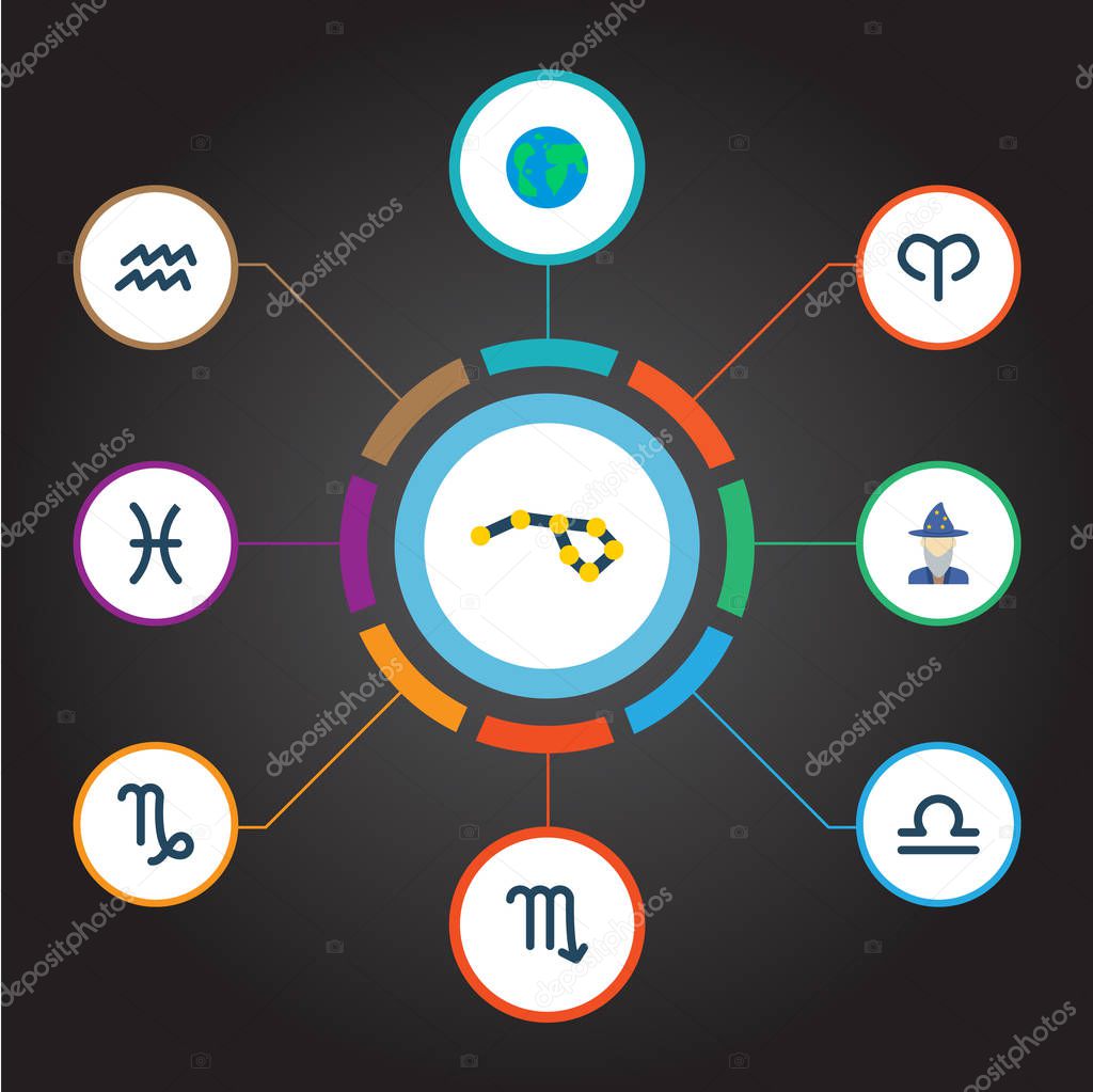 Set of astrology icons flat style symbols with aries, aqurius, scorpion and other icons for your web mobile app logo design.