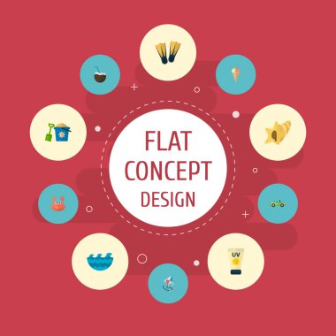 Palet, Hindistan cevizi içmek, Güneş kremi ve diğer simgeler web mobil app logo tasarımı için sezon simgeler düz stil sembollerle kümesi.