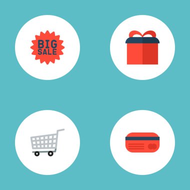 Set simgeleri düz stil sembollerle alışveriş sepeti, Hediyelik, kredi kartı ve diğer simgeler web mobil app logo tasarımı için alışveriş.