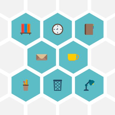 Office simgeleri düz stil sembolleri ile çöp sepeti, kalem standı, sizin web mobil app logo tasarımı için Kupası simgeler kümesi.