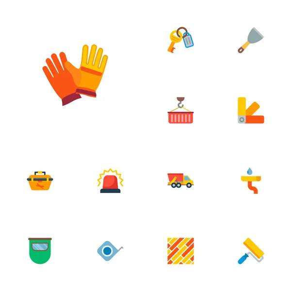 Набор промышленных иконок в плоском стиле с самосвалом, шпаклевочным ножом, рабочими перчатками и другими иконками для дизайна логотипа вашего веб-приложения . — стоковый вектор