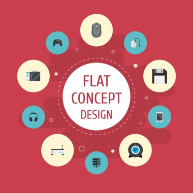 Tablet, modem, kamera ve diğer simgeler web mobil app logo tasarımı için Pc simgeler düz stil sembollerle kümesi.