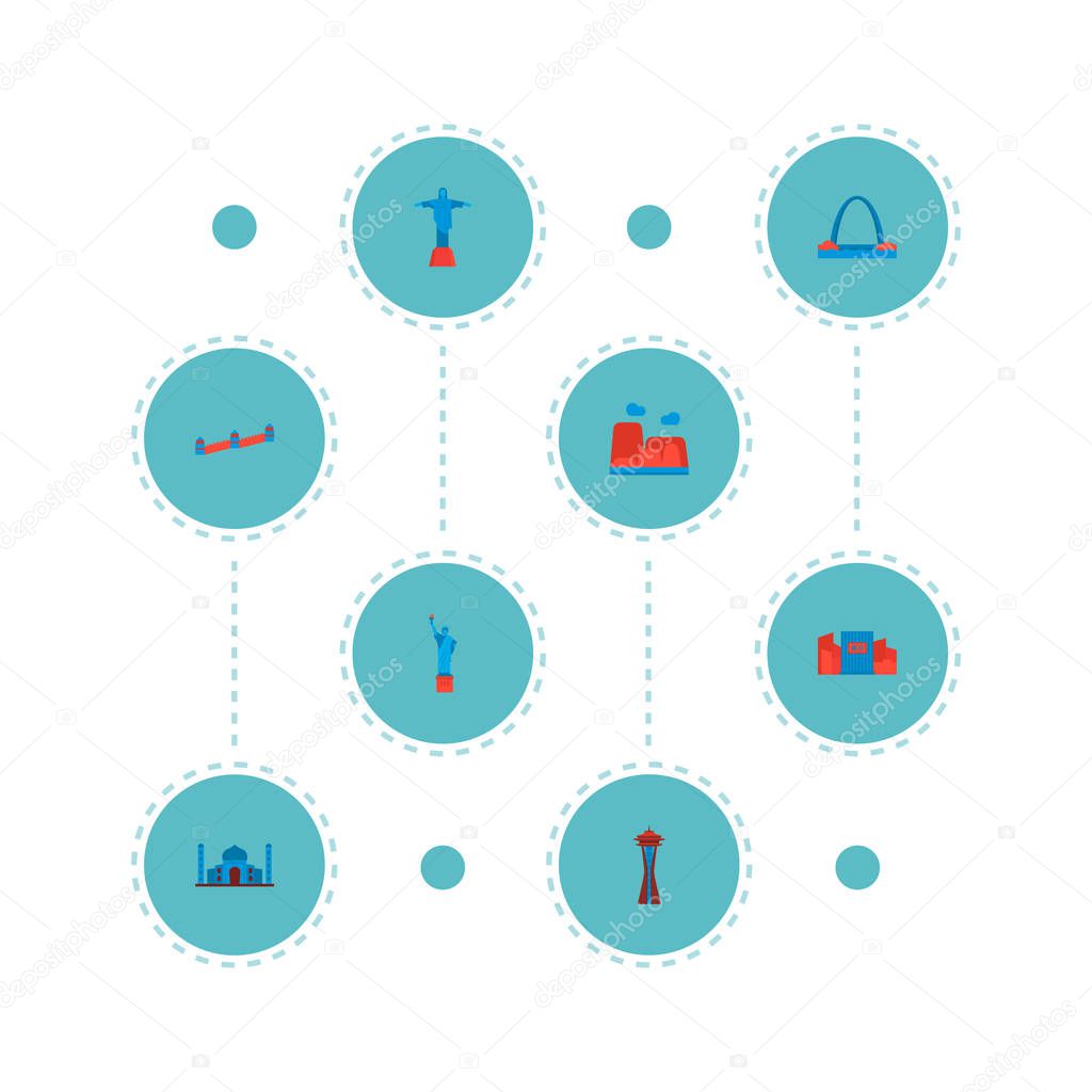 Set of monument icons flat style symbols with taj mahal, shibuya, canyon and other icons for your web mobile app logo design.