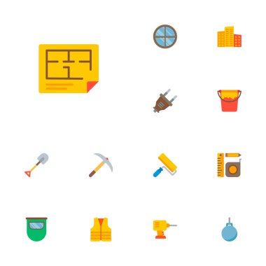 Kat planı, yuvarlak pencere, kürek ve diğer simgeler web mobil app logo tasarımı için sanayi simgeleri düz stil sembollerle kümesi.