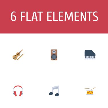 Ses simgeler düz stil sembolleri keman, piyano tuşları ve diğer simgeler web mobil app logo tasarımı için bir kulaklık ile kümesi.