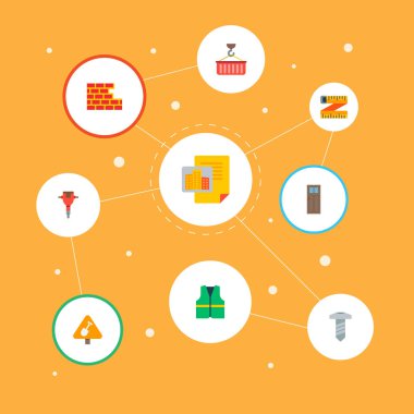 Tuğla duvar, temizleyiciler ceket, yapı proje ve diğer simgeler web mobil app logo tasarımı için inşaat simgeler düz stil sembollerle kümesi.