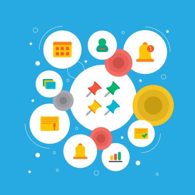 Set Görev Yöneticisi simgeleri düz stil sembolleri ile bildirim, takvim, farklı iğne ve diğer simgeler web mobil app logo tasarımı için.