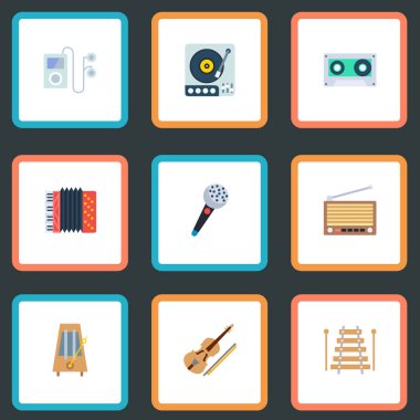 Ses simgeler düz stil sembolleri keman, gramofon, kaset ve web mobil app logo tasarımı için diğer simgeler kümesi.
