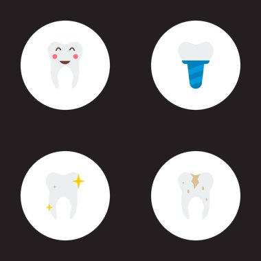 Sağlıklı diş simgeler düz stil sembollerle, implant, diş ve diğer simgeler web mobil app logo tasarımı için set.