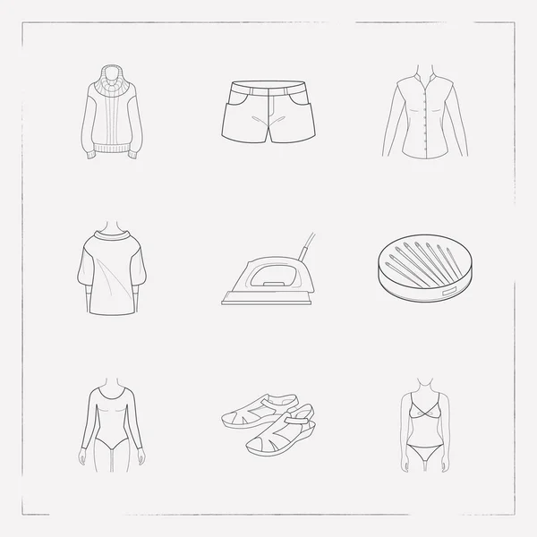 Conjunto de ícones de roupas símbolos de estilo de linha com biquíni, rolo de baixa polarização, suéter de gola alta e outros ícones para o seu design de logotipo de aplicativo móvel web . —  Vetores de Stock