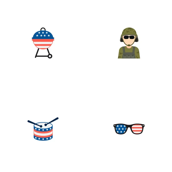 Set ikon memorial gaya datar simbol dengan tentara, drum, bbq dan ikon lain untuk desain logo web mobile app Anda . - Stok Vektor
