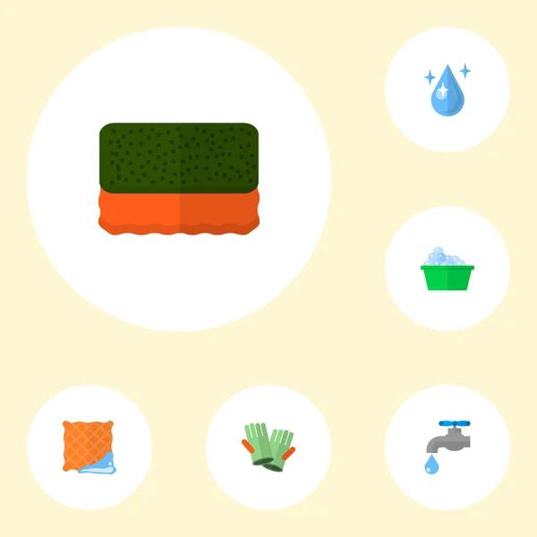 Set di icone per la pulizia simboli in stile piatto con goccia d'acqua, panno pulito, acqua di rubinetto e altre icone per il design del logo dell'app mobile web . — Vettoriale Stock