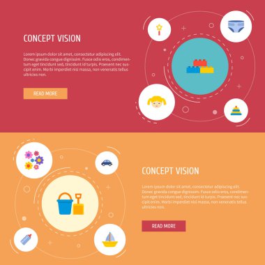 Tekne, kova, oyuncak araba ve diğer simgeler web mobil app logo tasarımı için bebek simgeler düz stil sembollerle kümesi.