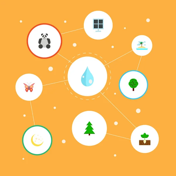 一套绿色图标平面样式符号与太阳能电池板, 岛屿, 植物图标为您的网络移动应用程序徽标设计. — 图库照片