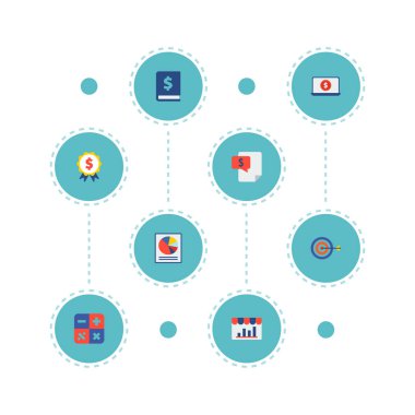 Finansal simgeler düz stil sembollerle pasta grafiği, dizüstü bilgisayar, ödül ve web mobil app logo tasarımı için diğer simgeler kümesi.