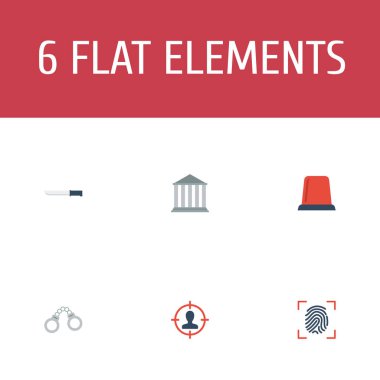Mahkeme, kelepçe, bıçak simgeler web mobil app logo tasarımı için suç simgeler düz stil sembollerle kümesi.