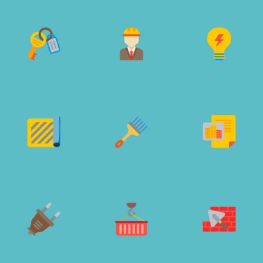 Tak, mühendis, tuğla döşeme ve diğer simgeler web mobil app logo tasarımı için inşaat simgeler düz stil sembollerle kümesi.