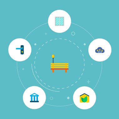 Pencere, kapı kilidi, tezgah ve diğer simgeler web mobil app logo tasarımı için akıllı şehir simgeler düz stil sembollerle kümesi.