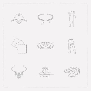 Dizi kıyafetleri simgeler çizgi stili sembolleri örme, giyim, malzeme örnekleri ve diğer simgeler web mobil app logo tasarımı için.