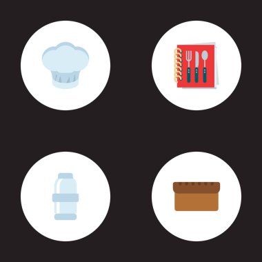 Set mutfak simgeler düz stil sembolleri ile tarif kitabı, tuz, yemek pişirme kap ve diğer simgeler web mobil app logo tasarımı için.