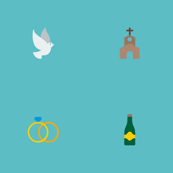 Készlet-ból Eljegyzés ikonok lapos stílusú szimbólumok gyűrű, a templom, a galamb és a más ikonok a webes mozgatható app logo design. — Stock Vector
