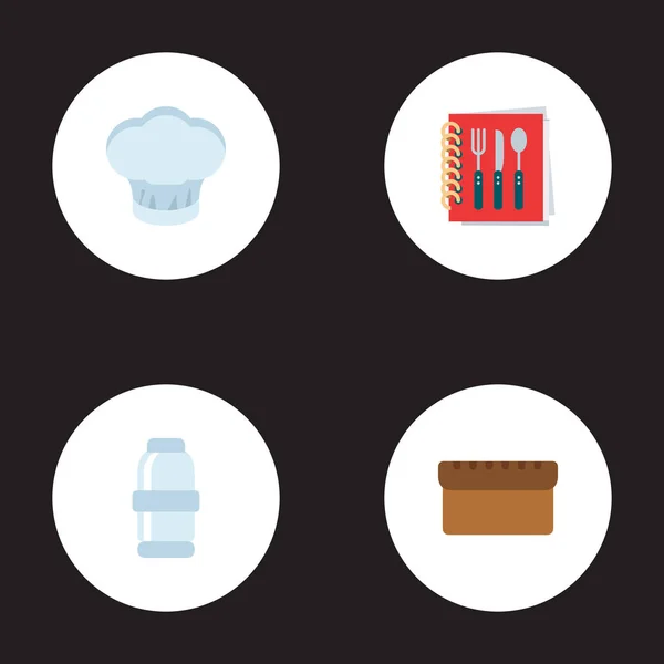 Набор кухонных иконок плоский стиль символов с книгой рецептов, соль, колпачок для приготовления пищи и другие иконки для дизайна логотипа вашего веб-мобильного приложения . — стоковый вектор