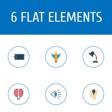 Yaratıcı simgeler düz stil sembollerle beyin, yazma, Masa lambası ve web mobil app logo tasarımı için diğer simgeler kümesi.