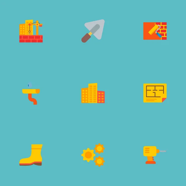 Zestaw symboli płaski ikony budowy wysokich budynków, plan piętra, kielnią i inne ikony dla projektu logo mobilnych aplikacji sieci web. — Zdjęcie stockowe
