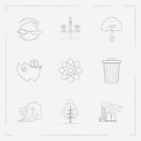 Set ikon ekologi gaya garis simbol dengan pemurnian udara, tabungan, tong sampah dan ikon lain untuk desain logo web mobile app Anda . — Stok Foto